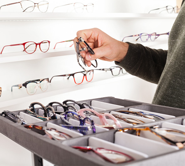 Display of eyeglasses in optometry clinic